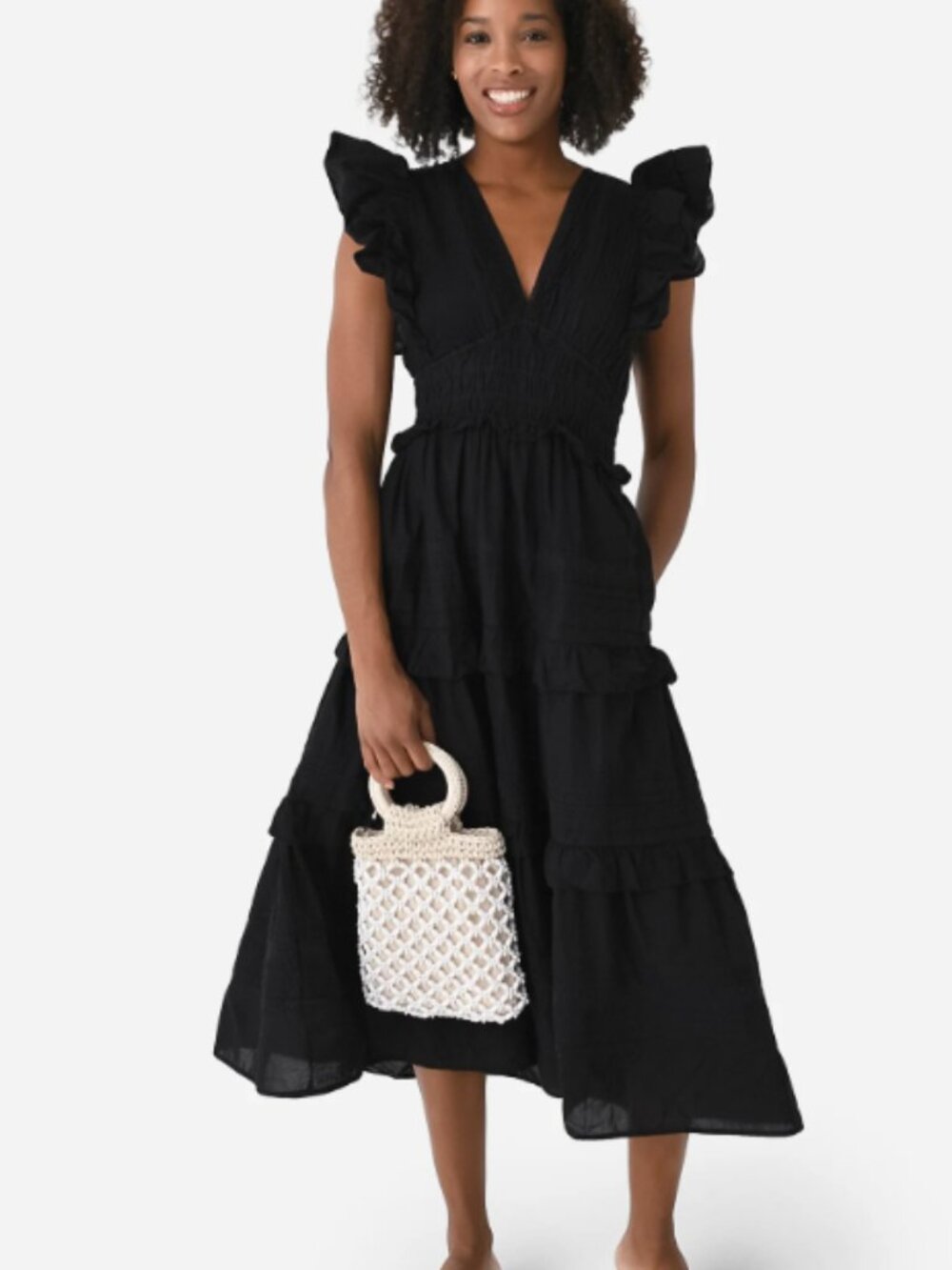 Sea New York Black Loren V-neck Midi Short Sleeve Ruffle Dress-Size Small